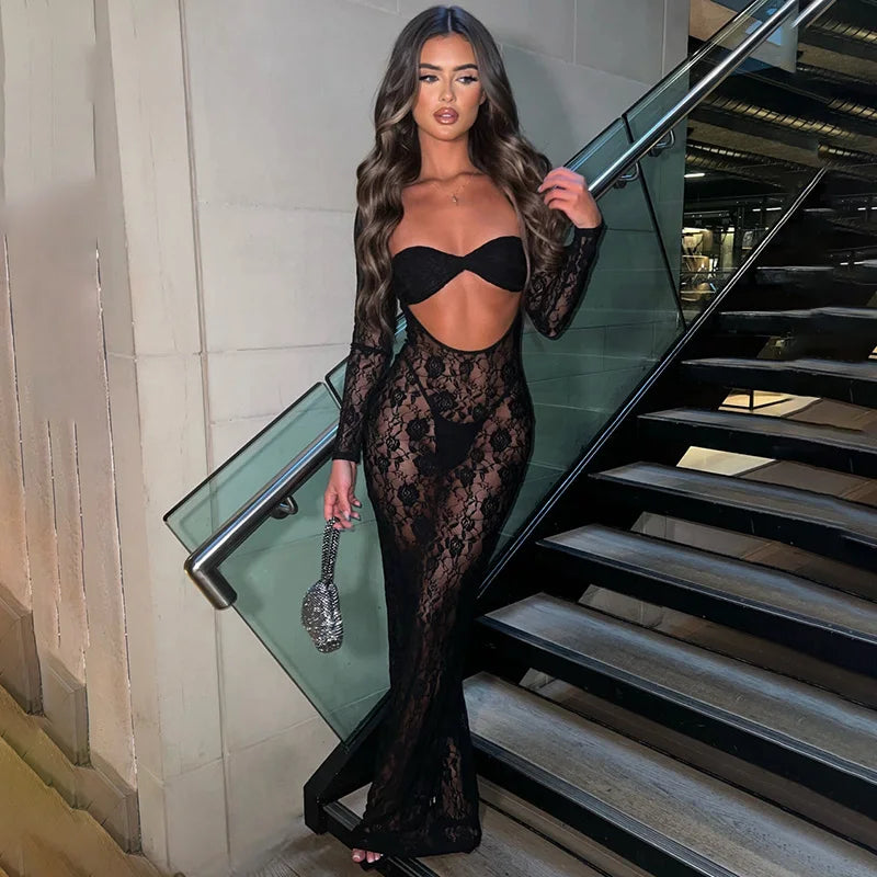 BULIDINGB Sexy Lace See Through Fashion Long Sleeve Cut Out Evening Party Dress Club Women Beach Vacation Summer Dresses 2024 - Dragonbeast