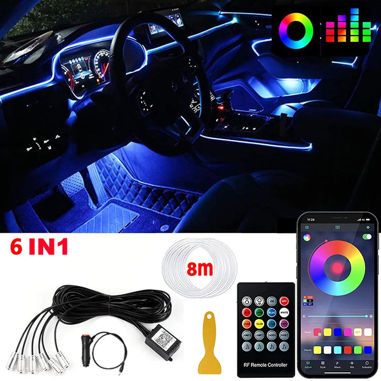 LED Car Interior Ambient Strip Lights RGB Fiber Optic Atmosphere Neon Lighting Kit W/ APP Remote Control Auto Decorative Lamps - Dragonbeast