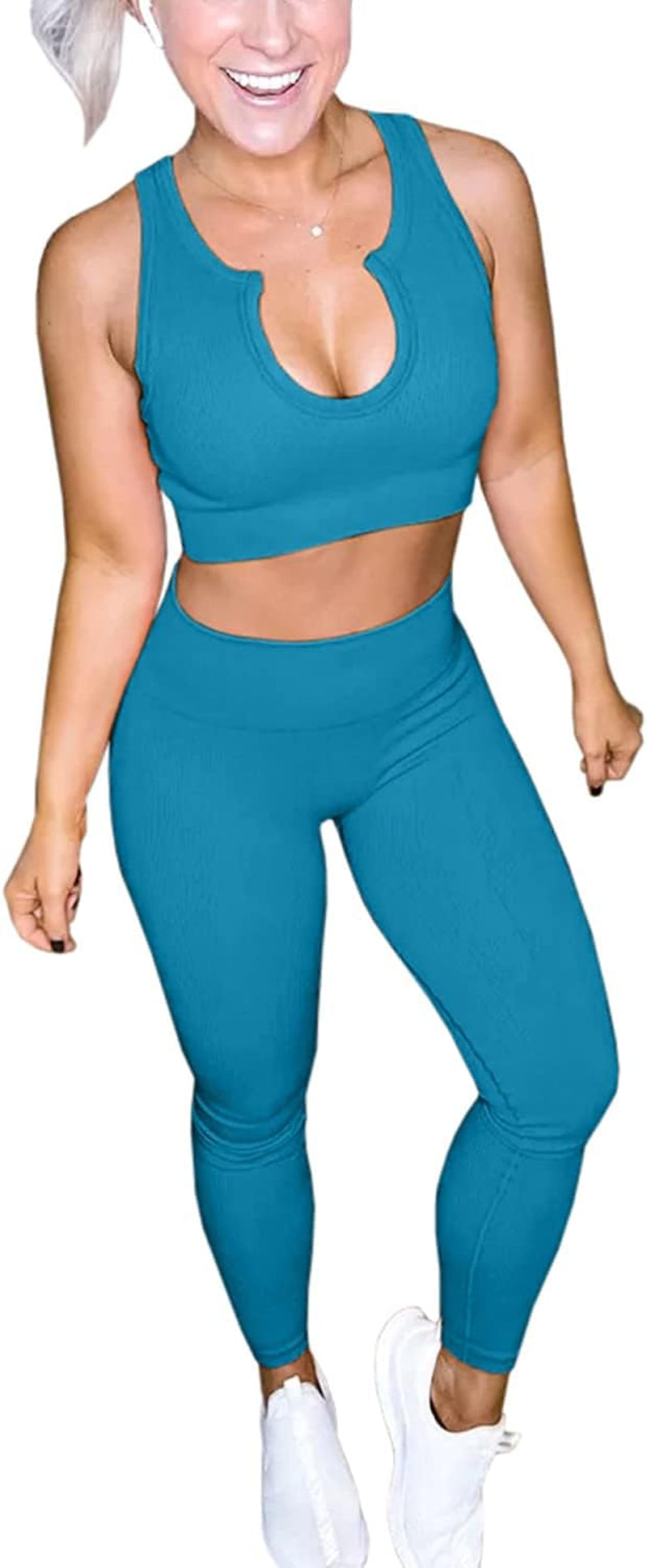 Women'S Yoga Workout Outfits 2 Piece High Waisted Leggings with Sports Bra Gym Clothes Sets Light Blue S