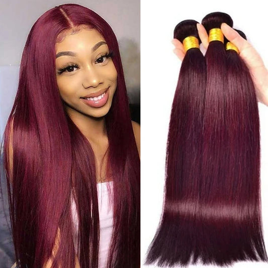 Wine Red #99J Remy Human Hair Weave 16-28 inch Long Silky Straight  Unprocessed Virgin Brazilian Hair Weft Extensions for Women - Dragonbeast