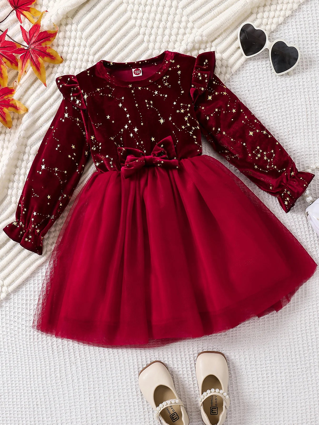 Toddler Girl Party Dress Autumn Winter 1-8 Years Children Christmas And New Year Princess Dress Red Velvet Gown Stars Mesh Dress - Dragonbeast