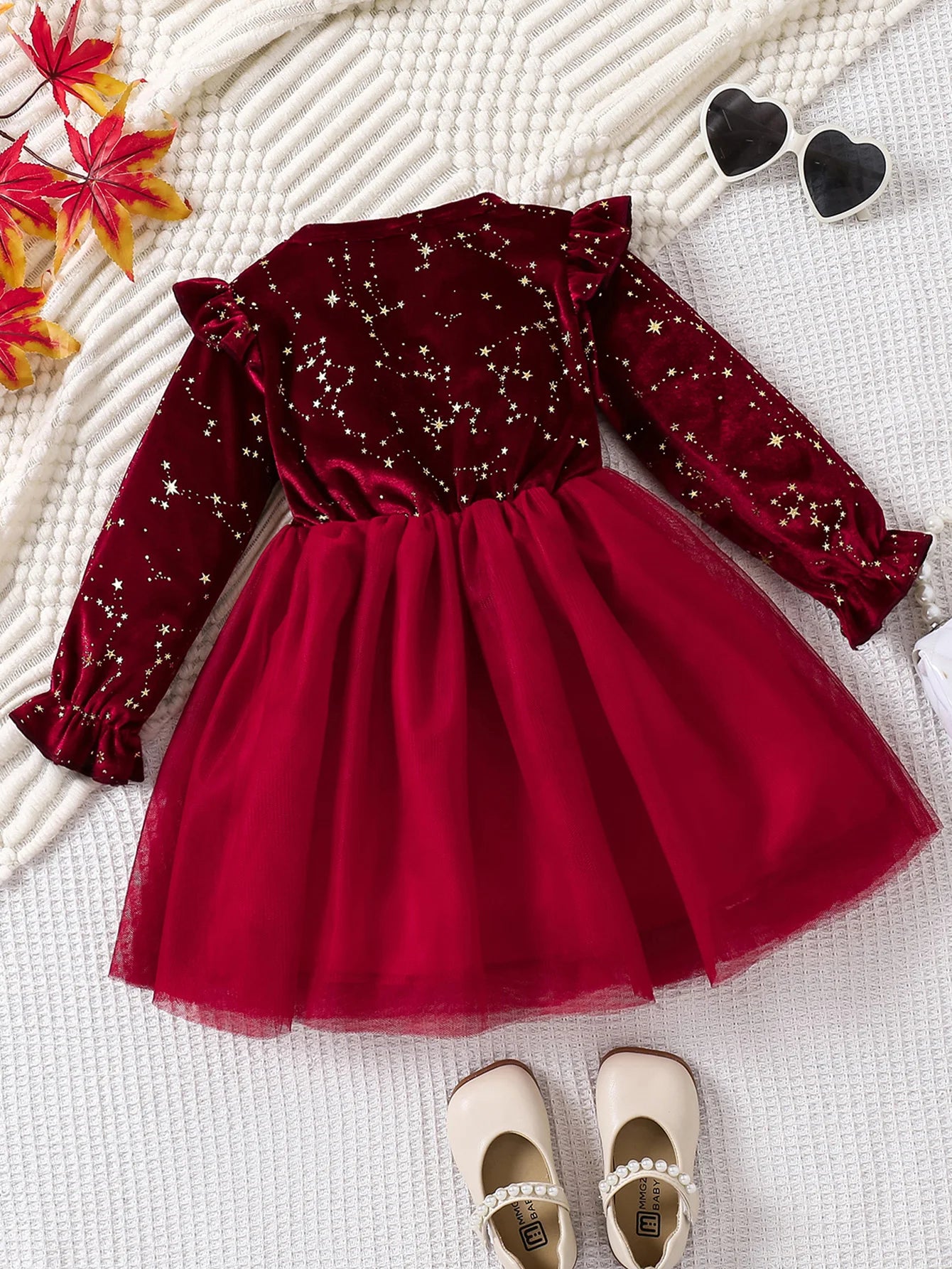 Toddler Girl Party Dress Autumn Winter 1-8 Years Children Christmas And New Year Princess Dress Red Velvet Gown Stars Mesh Dress - Dragonbeast