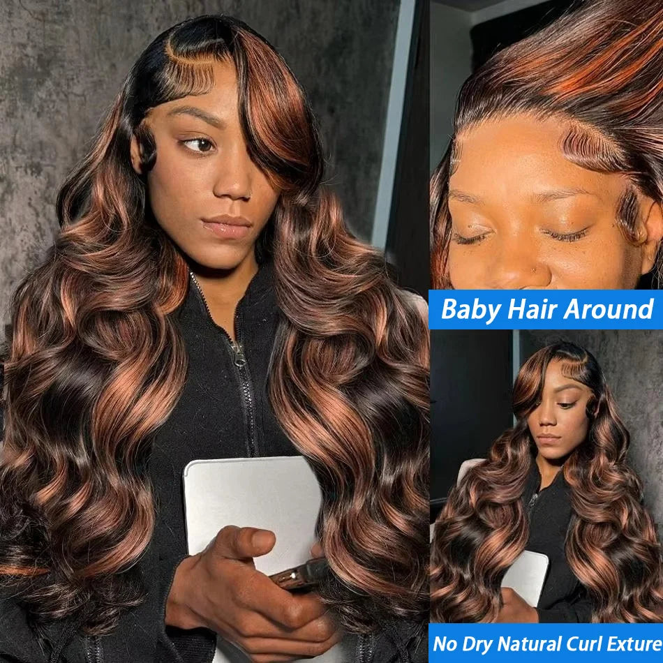 300% High Density Ombre Highlight Body Wave 13x4 HD Lace Front Human Hair Wig 1B/30 Black Brown Colored 13x6 Lace Frontal Wigs