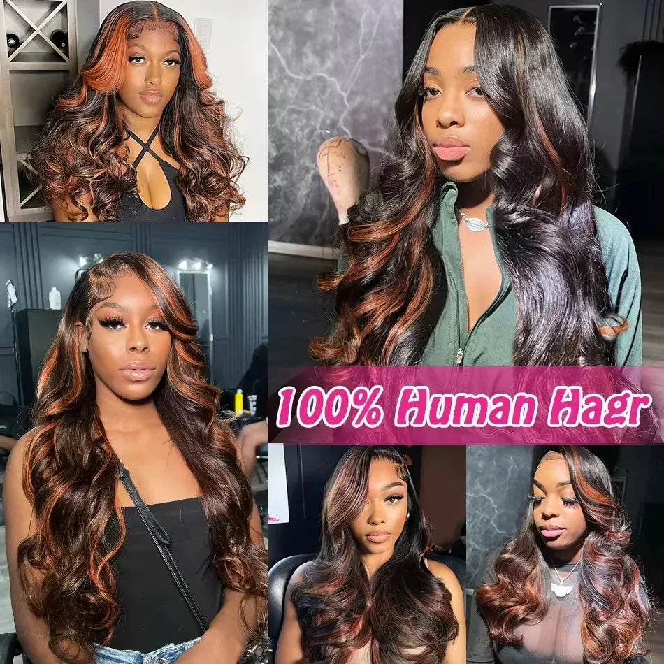 300% High Density Ombre Highlight Body Wave 13x4 HD Lace Front Human Hair Wig 1B/30 Black Brown Colored 13x6 Lace Frontal Wigs