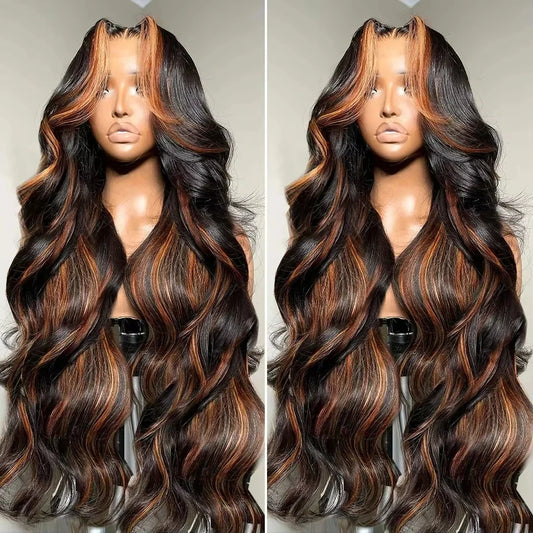 300% High Density Ombre Highlight Body Wave 13x4 HD Lace Front Human Hair Wig 1B/30 Black Brown Colored 13x6 Lace Frontal Wigs