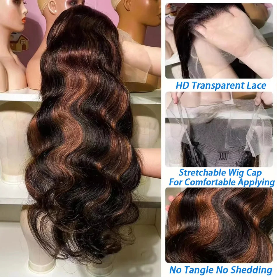 300% High Density Ombre Highlight Body Wave 13x4 HD Lace Front Human Hair Wig 1B/30 Black Brown Colored 13x6 Lace Frontal Wigs