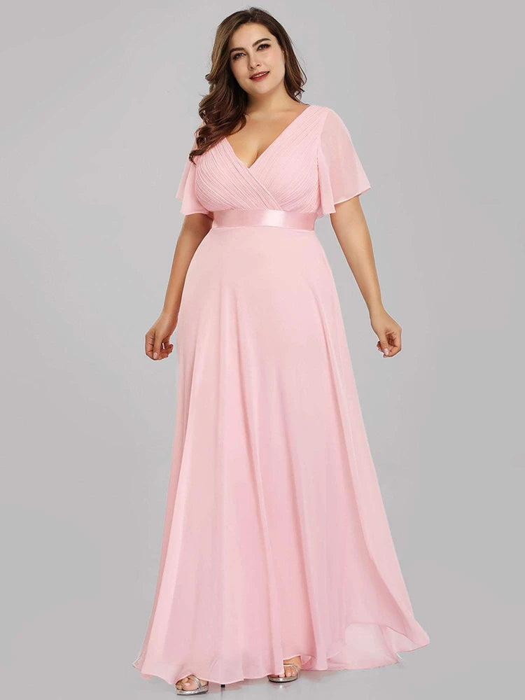 2024 New Women Plus Size Evening Dresses Long Elegant A Line V Neck Ruffles Chiffon Formal Wedding Party Dress Robe De Soiree - Dragonbeast