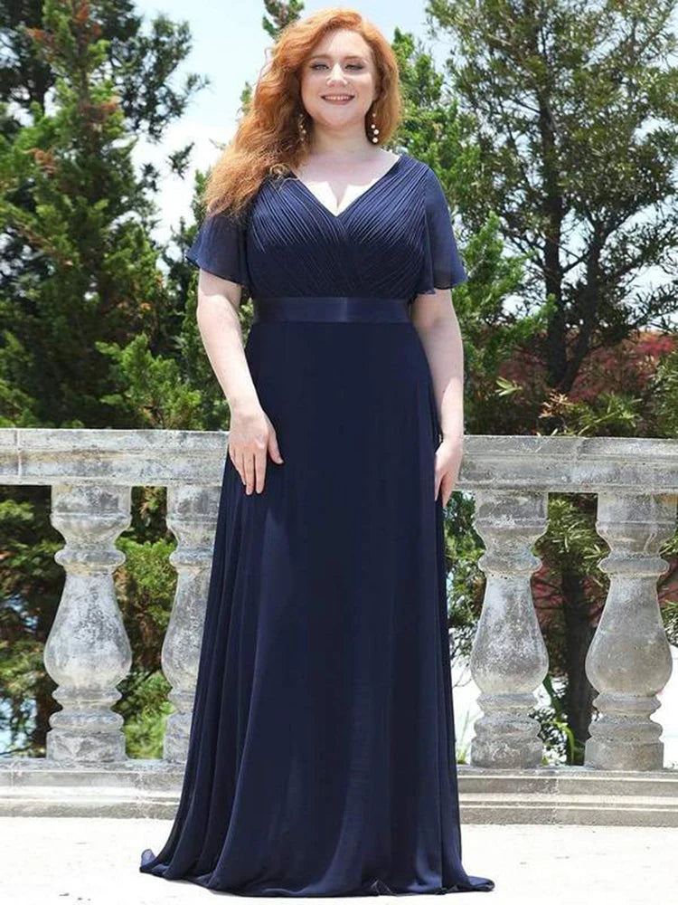 2024 New Women Plus Size Evening Dresses Long Elegant A Line V Neck Ruffles Chiffon Formal Wedding Party Dress Robe De Soiree - Dragonbeast