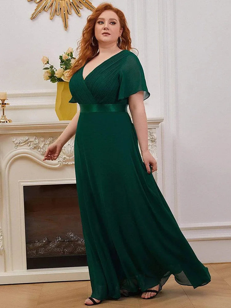 2024 New Women Plus Size Evening Dresses Long Elegant A Line V Neck Ruffles Chiffon Formal Wedding Party Dress Robe De Soiree - Dragonbeast