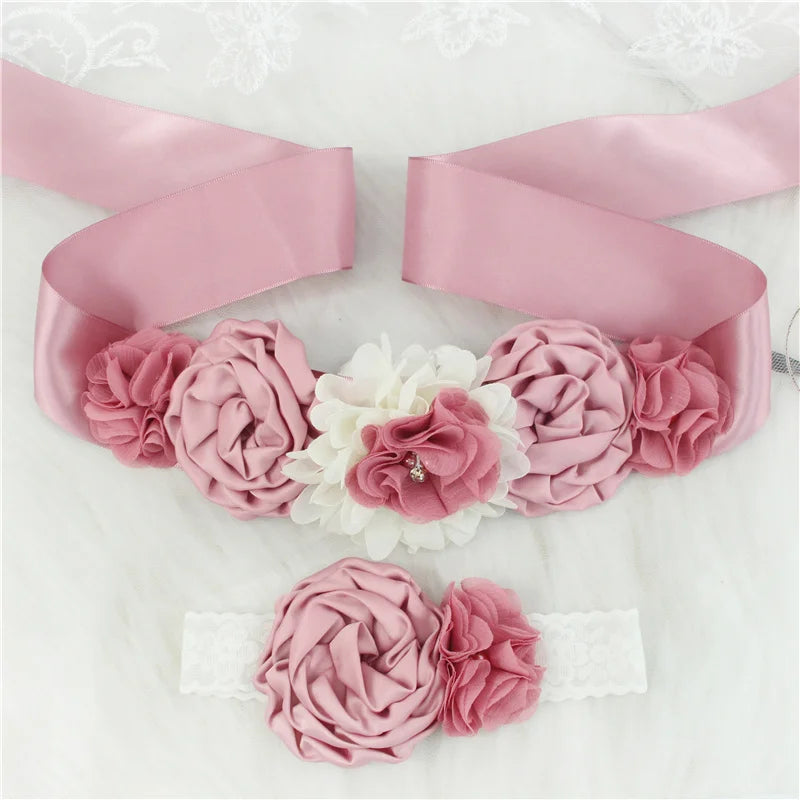 Children Girls Waist Belts Long Ribbon with Headband Flower Polyester Belt Wedding Waistband For Girls Party Dress Accessories - Dragonbeast