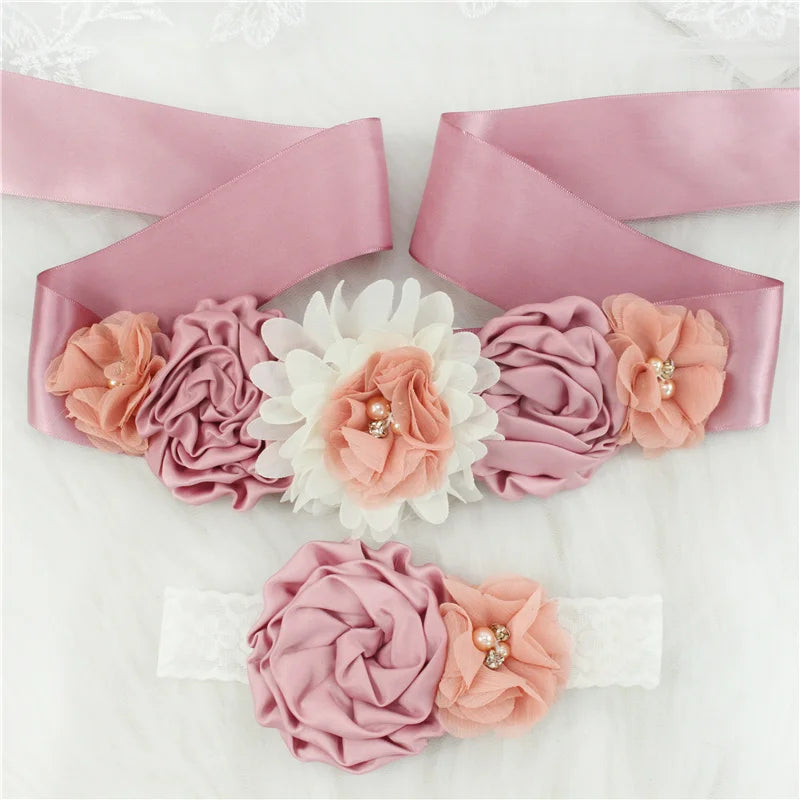 Children Girls Waist Belts Long Ribbon with Headband Flower Polyester Belt Wedding Waistband For Girls Party Dress Accessories - Dragonbeast