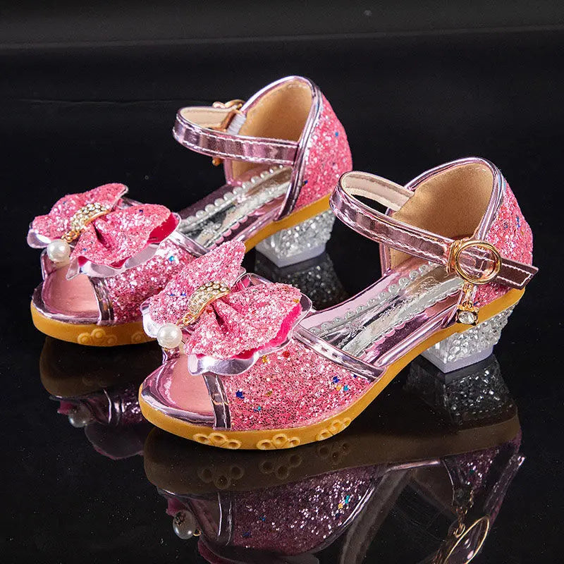 Girls Sandals Summer 2021  New Children's Princess Shoes Little Girls High-heeled Bow-knot Crystal Sandals Party Dress Wedding - Dragonbeast