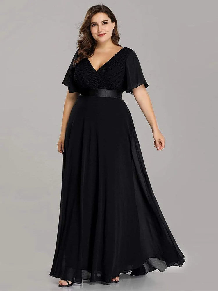 2024 New Women Plus Size Evening Dresses Long Elegant A Line V Neck Ruffles Chiffon Formal Wedding Party Dress Robe De Soiree - Dragonbeast