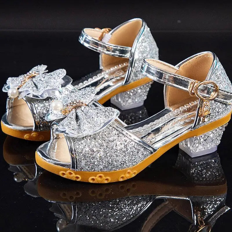 Girls Sandals Summer 2021  New Children's Princess Shoes Little Girls High-heeled Bow-knot Crystal Sandals Party Dress Wedding - Dragonbeast