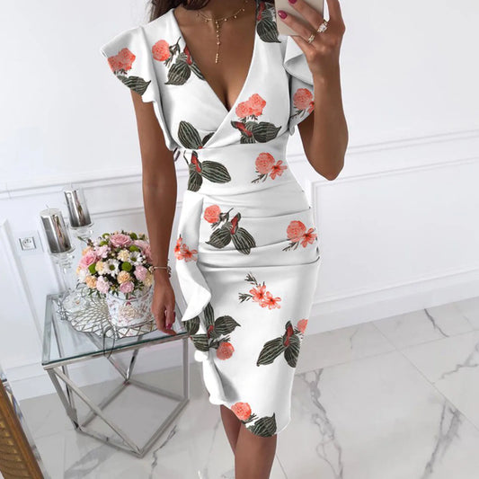 New In Women Floral Print Midi Dress Plus Size Ruffles Sleeve V-neck Slim Vintage Dresses Elegant Bodycon Party Dress Vestidos - Dragonbeast