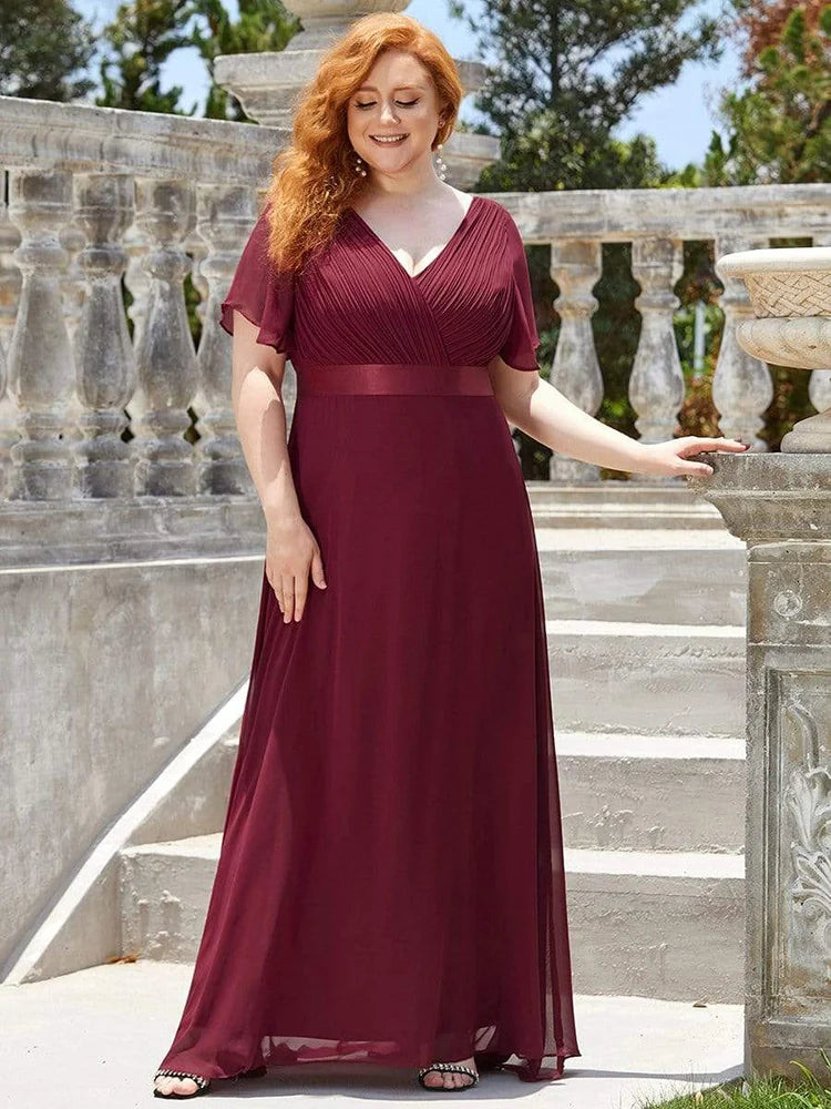 2024 New Women Plus Size Evening Dresses Long Elegant A Line V Neck Ruffles Chiffon Formal Wedding Party Dress Robe De Soiree - Dragonbeast