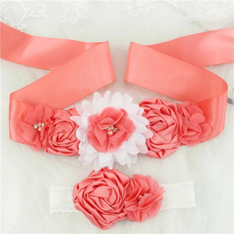 Children Girls Waist Belts Long Ribbon with Headband Flower Polyester Belt Wedding Waistband For Girls Party Dress Accessories - Dragonbeast