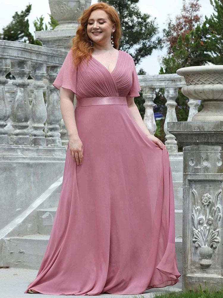 2024 New Women Plus Size Evening Dresses Long Elegant A Line V Neck Ruffles Chiffon Formal Wedding Party Dress Robe De Soiree - Dragonbeast