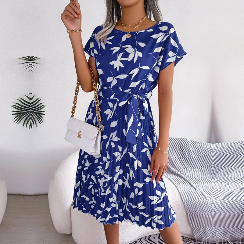 Women Spring Summer Short Sleeve High Waist Chic Dress Fashion Floral Pleated A Line Long Dress - Dragonbeast