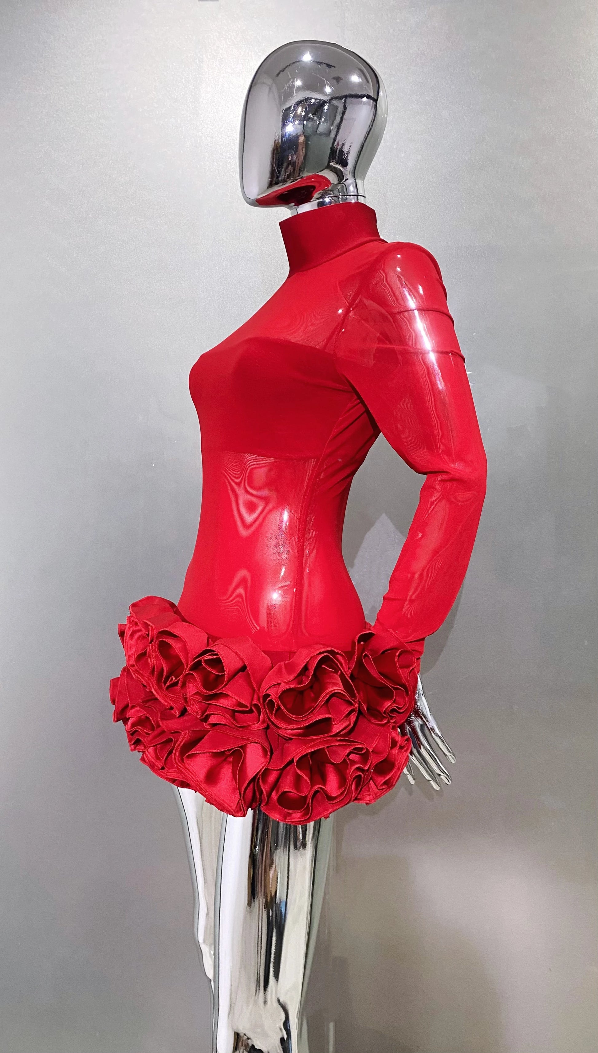 2024 New Sexy Mesh See through Stereoscopic Flowers Red Mini Evening Dress Sweet Woman Birthday Party Dress Performance costume - Dragonbeast