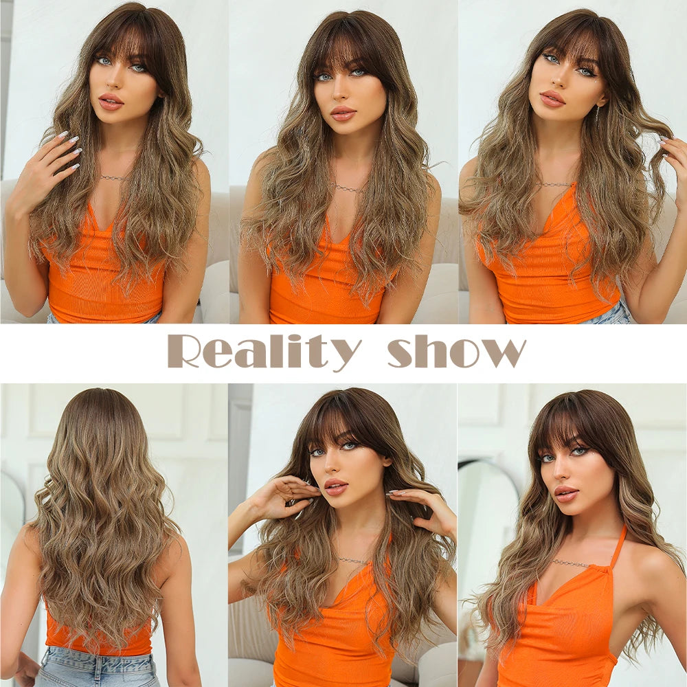 Brown Ombre Wavy Synthetic Wig with Bangs Medium Length Natural Wavy Wigs for Women Heat Resistant Fake Hair Daily Party Use