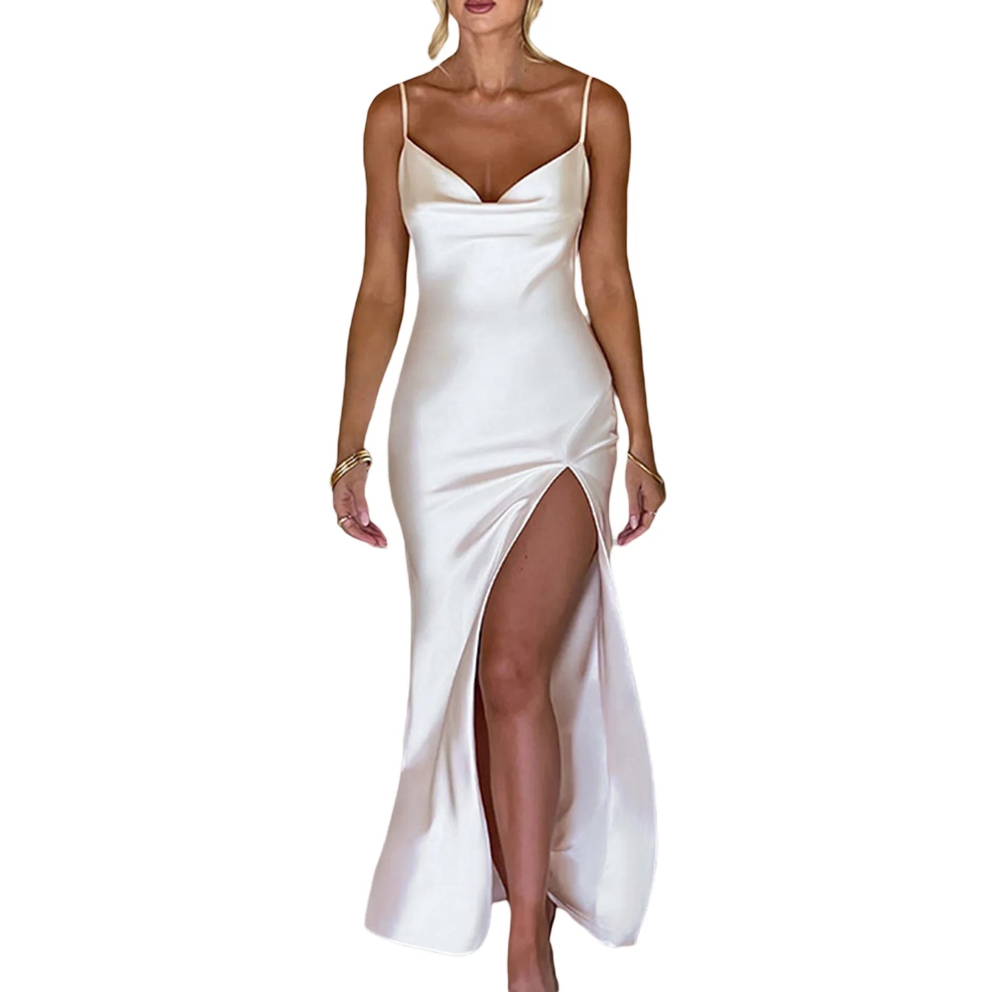 Women 2023 Sleeveless White Long Satin Silk Dress Elegant Party Dress High Split Backless Formal Occasion Dresses - Dragonbeast