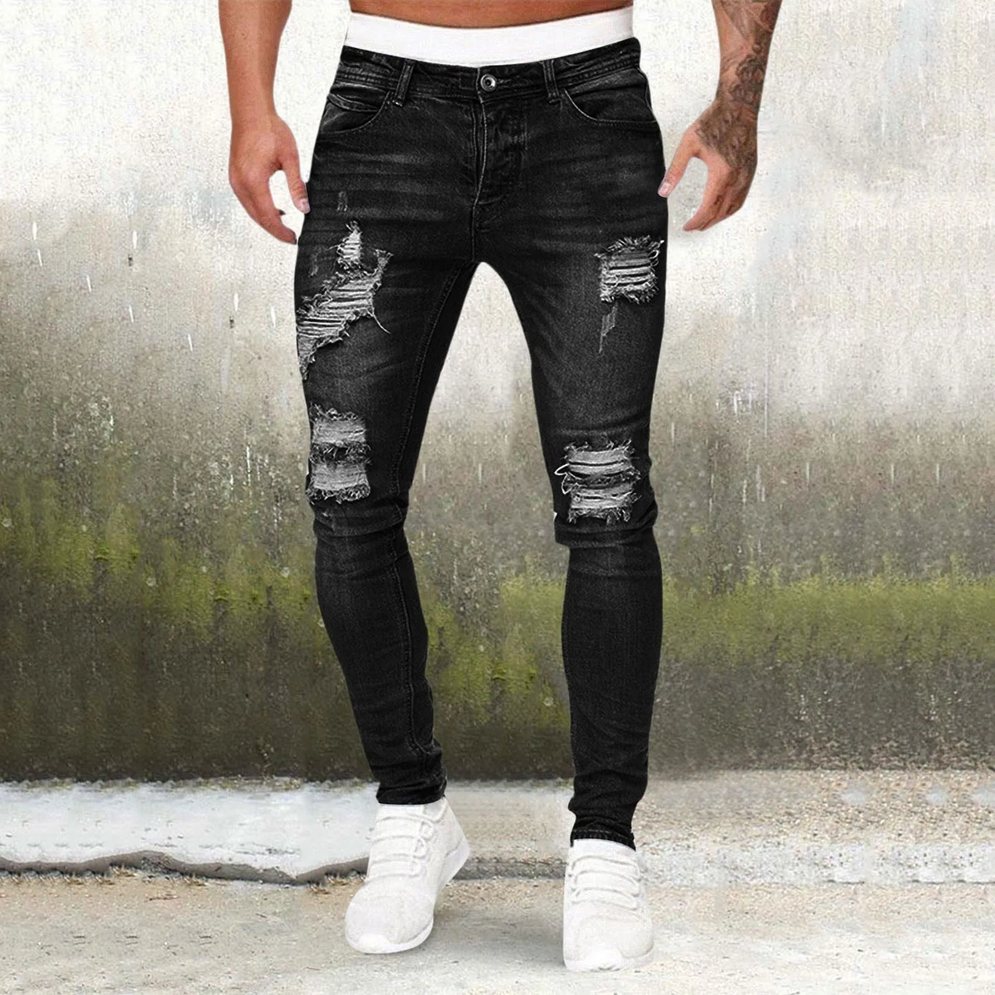 Men'S Casual Hip Hop Sports High Stretch Tight Wash Polished White Ripped Fit Zipper Jean Pants Business Stretch Men'S Jeans