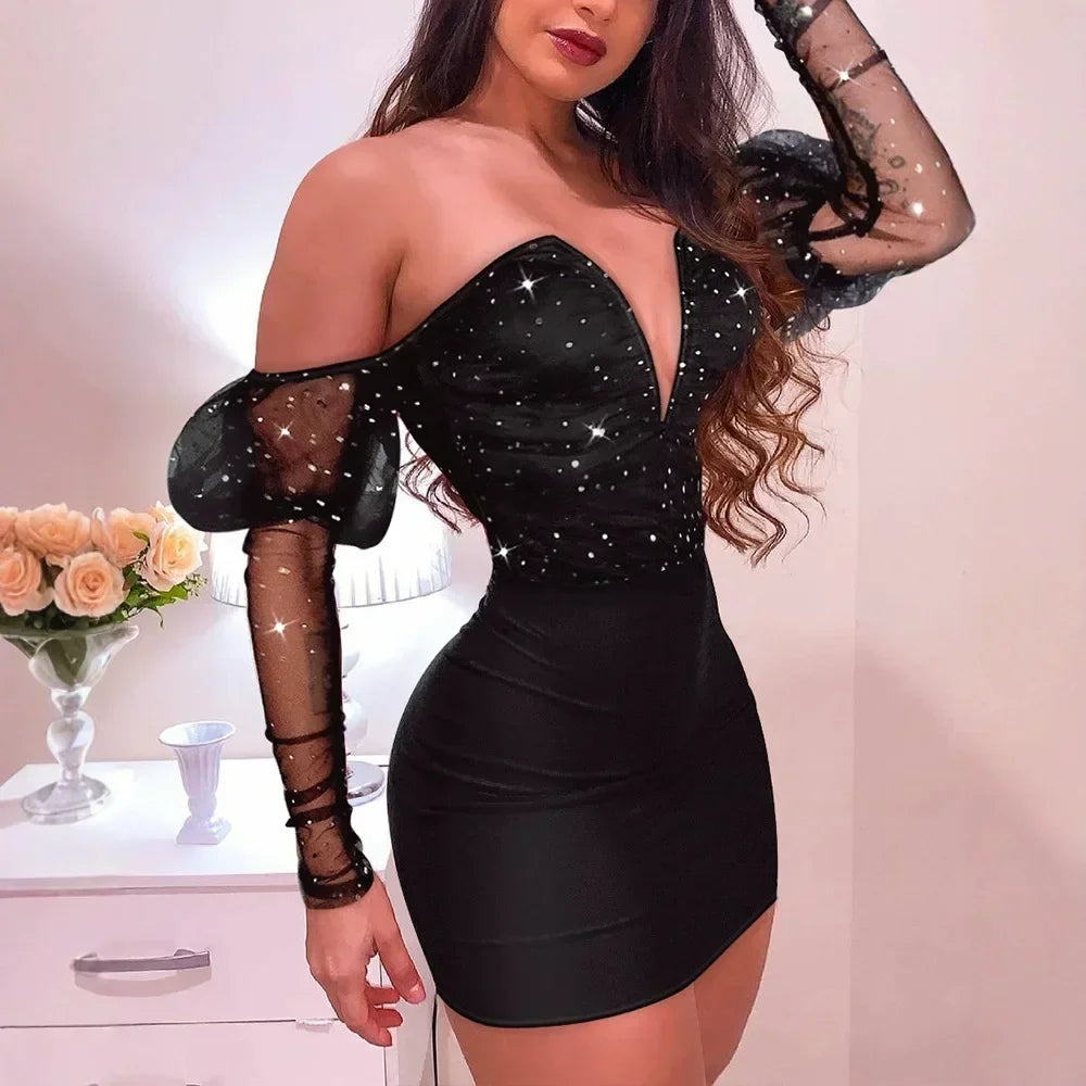 Women Strapless Mesh Splicing Long Sleeve Mini Dress Bodycon Sexy Fashion Party Dress - Dragonbeast