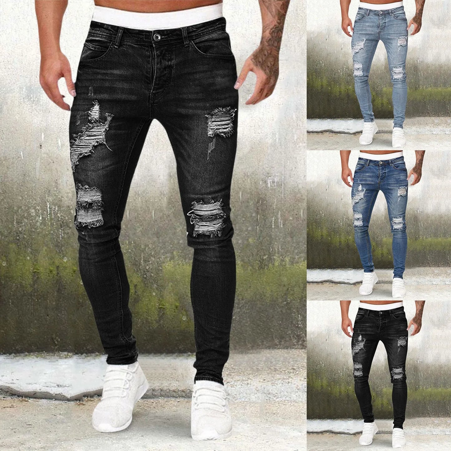 Men'S Casual Hip Hop Sports High Stretch Tight Wash Polished White Ripped Fit Zipper Jean Pants Business Stretch Men'S Jeans