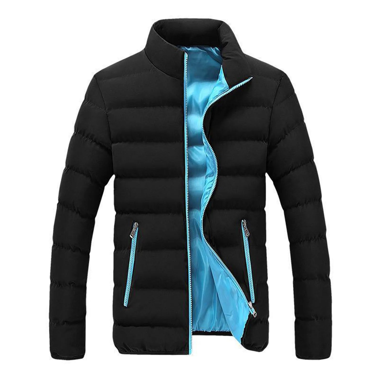 Men's Black Warm Lightweight Down Jackets Winter Zipper Stand Collar Slim Fit Cotton-Padded Clothes Sport Casual Outwears Coats