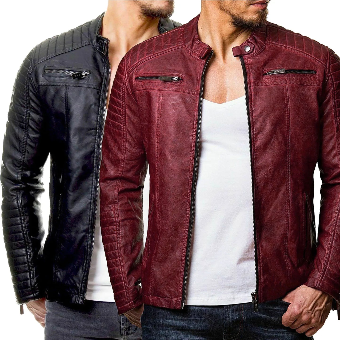 Fashion Men's Motorcycle Riding Leather Jacket Windproof Rainproof Solid Color Zipper Casual Hip Hop Varsity Jacket