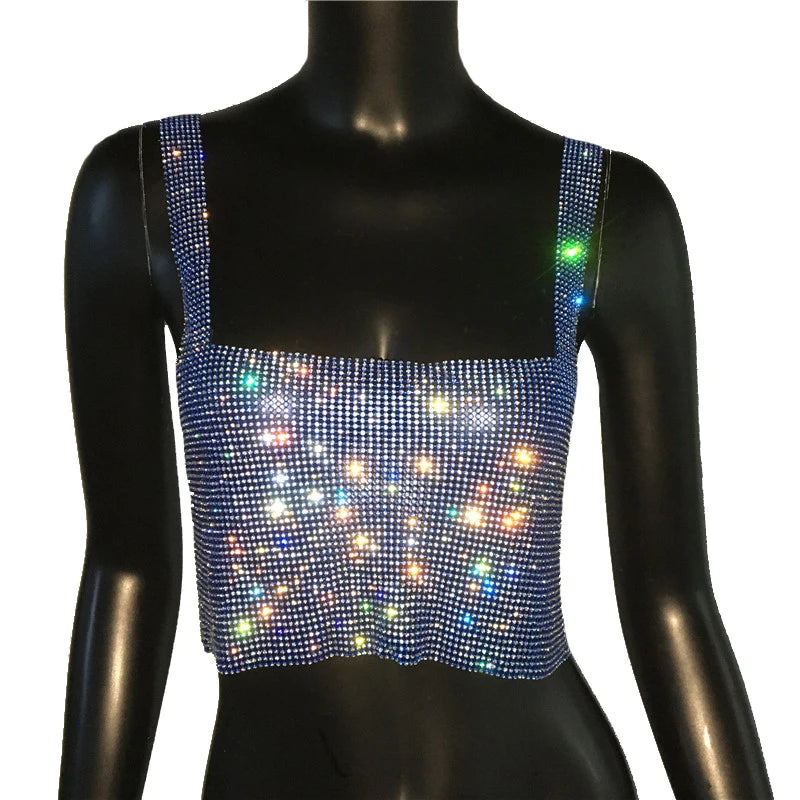 2023 Glitter Nightclub Backless Rhinestone Tank Top Women Sexy Metal Crystal Diamonds Sequined Night Club Party Wear Crop Top