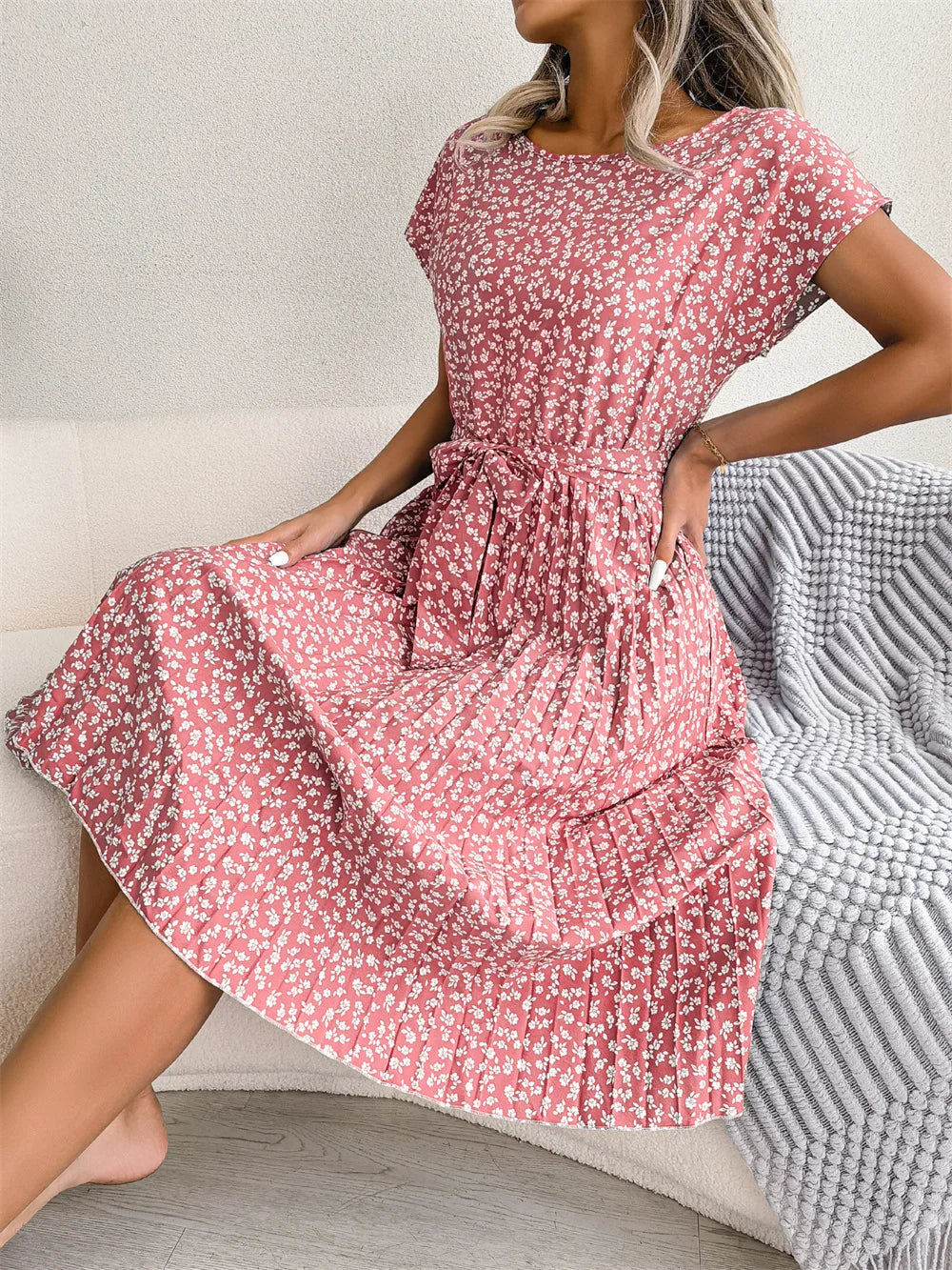 Women Spring Summer Short Sleeve High Waist Chic Dress Fashion Floral Pleated A Line Long Dress - Dragonbeast