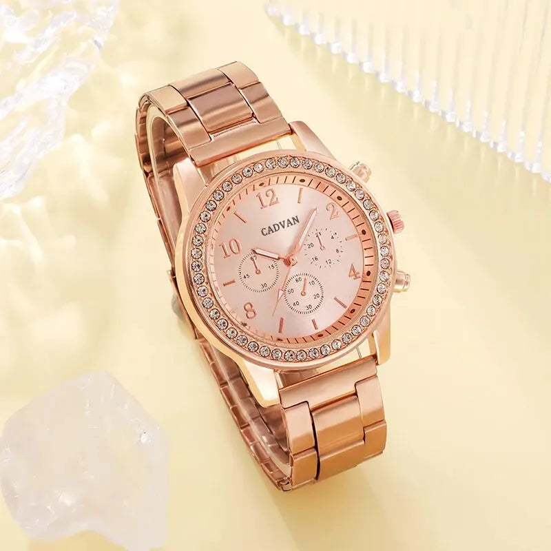 6PCS Set Rose Gold Luxury Watch Women Ring Necklace Earring Rhinestone Fashion Wristwatch Casual Ladies Bracelet Watches - Dragonbeast