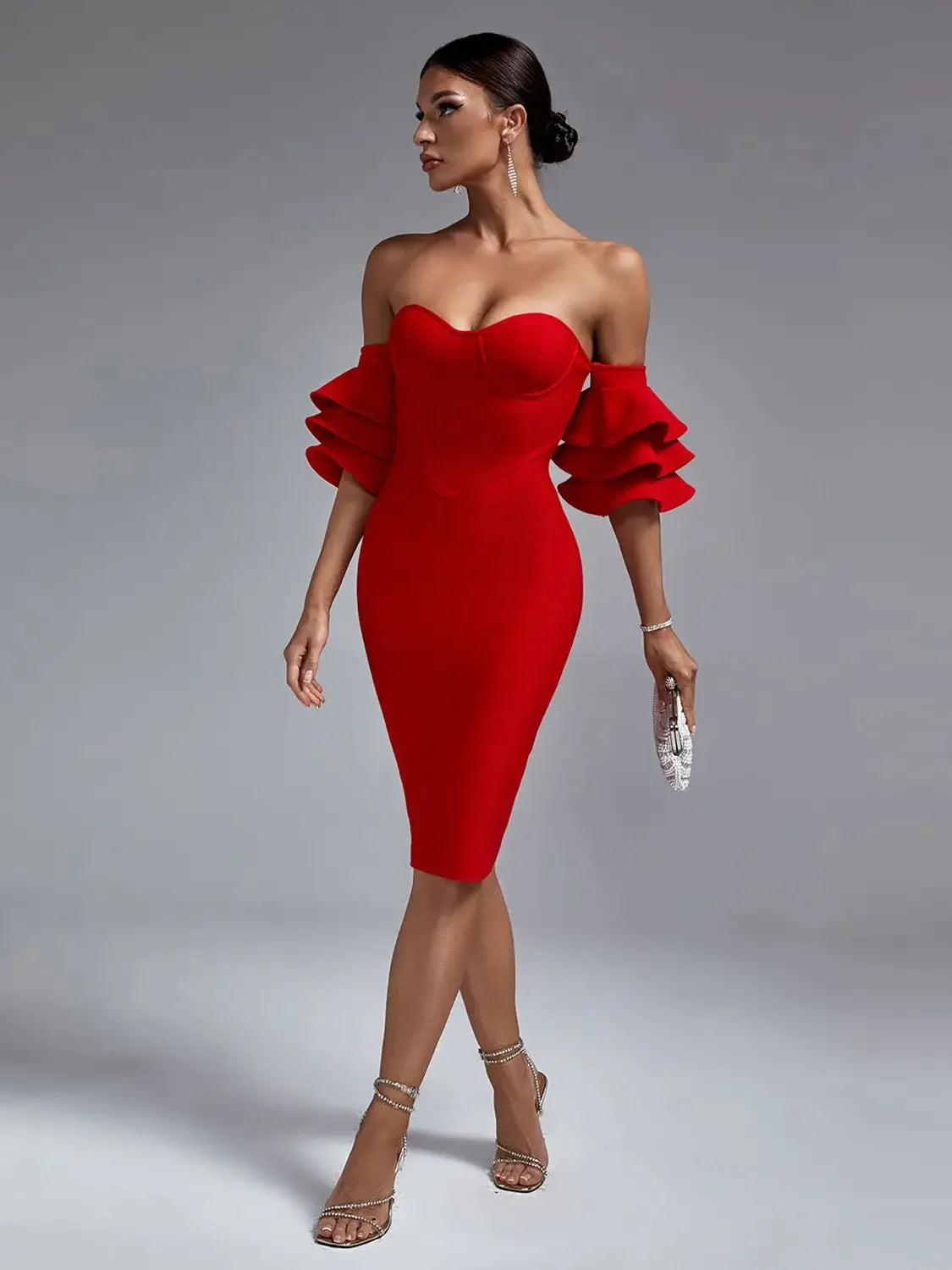 Red Bandage Dress Women Midi Party Dress Bodycon Elegant Ruffle Sexy Off Shoulder Evening Birthday Club Outfits Summer 2023 - Dragonbeast