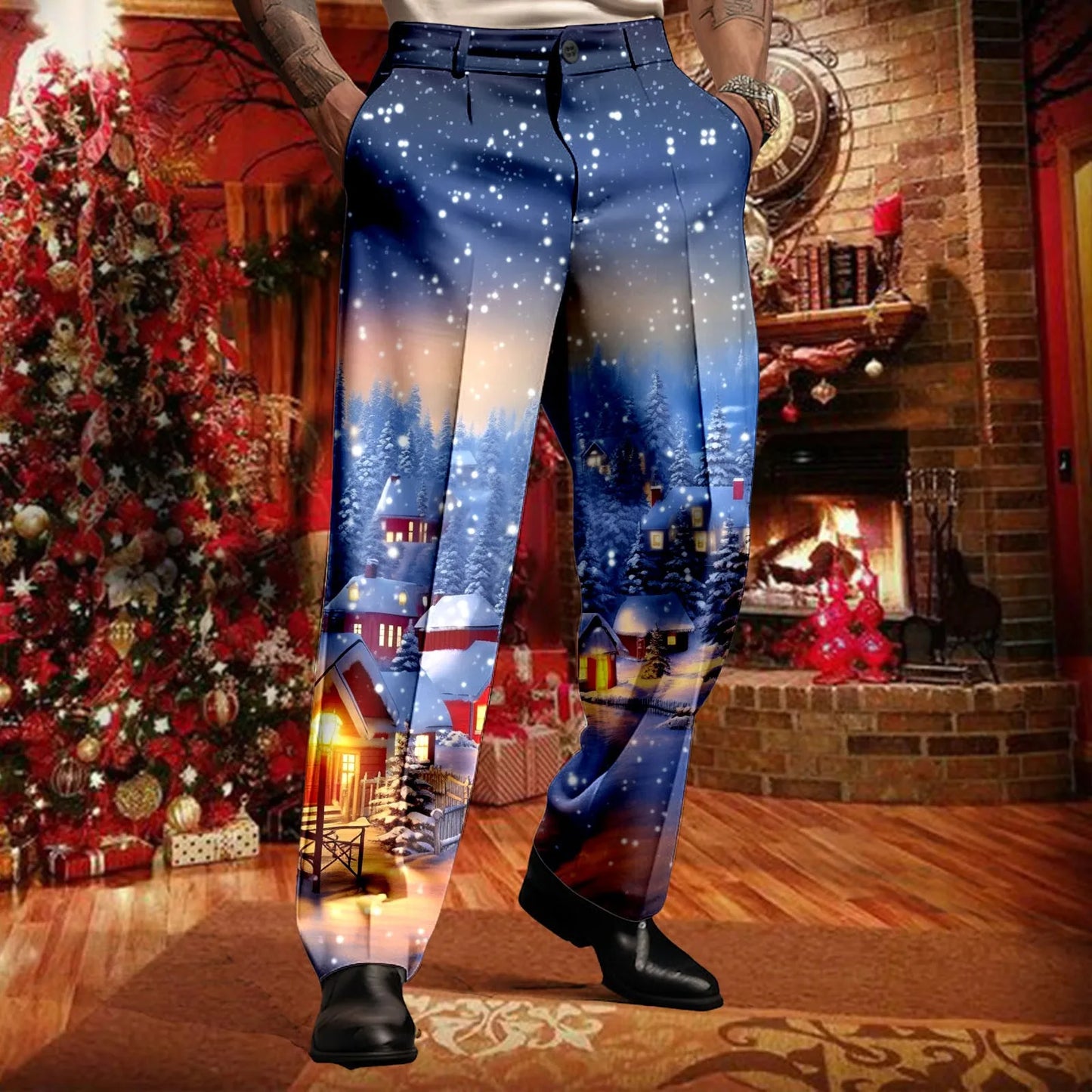 New Year Merry Christmas Suit Pants Men Holiday Party Wear Snowflake Printed Trousers Formal Wedding Button Suit Pants For Men