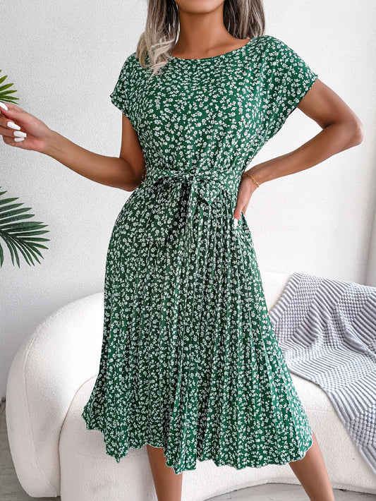 Women Spring Summer Short Sleeve High Waist Chic Dress Fashion Floral Pleated A Line Long Dress - Dragonbeast