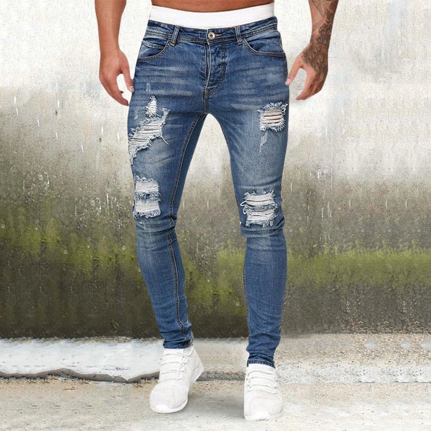 Men'S Casual Hip Hop Sports High Stretch Tight Wash Polished White Ripped Fit Zipper Jean Pants Business Stretch Men'S Jeans