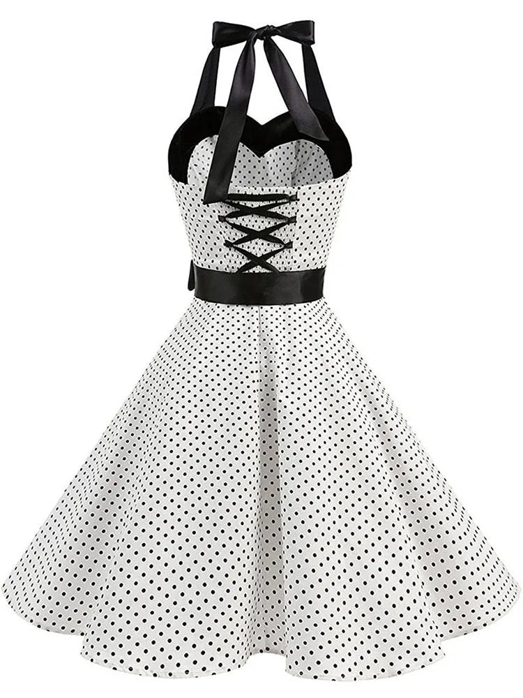 Women Polka Dot Print Summer Dress Sexy Retro White Halter Vintage Dress Robe Femme Pin Up Rockabilly Party Dress - Dragonbeast