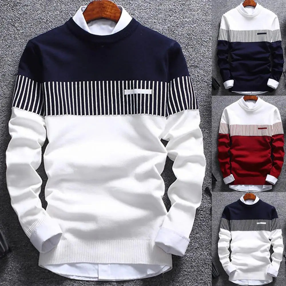 Fashion Men striped Sweater pullover Color Block Patchwork O Neck Long Sleeve Knitted Sweater Top Blouse For Warm Men's Clothing - Dragonbeast