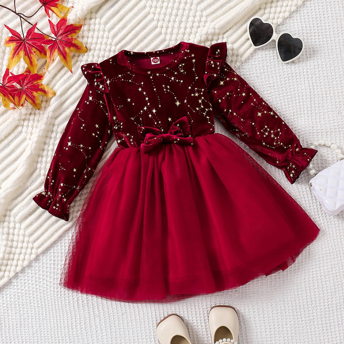 Toddler Girl Party Dress Autumn Winter 1-8 Years Children Christmas And New Year Princess Dress Red Velvet Gown Stars Mesh Dress - Dragonbeast