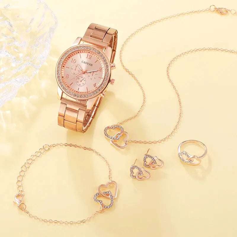 6PCS Set Rose Gold Luxury Watch Women Ring Necklace Earring Rhinestone Fashion Wristwatch Casual Ladies Bracelet Watches - Dragonbeast