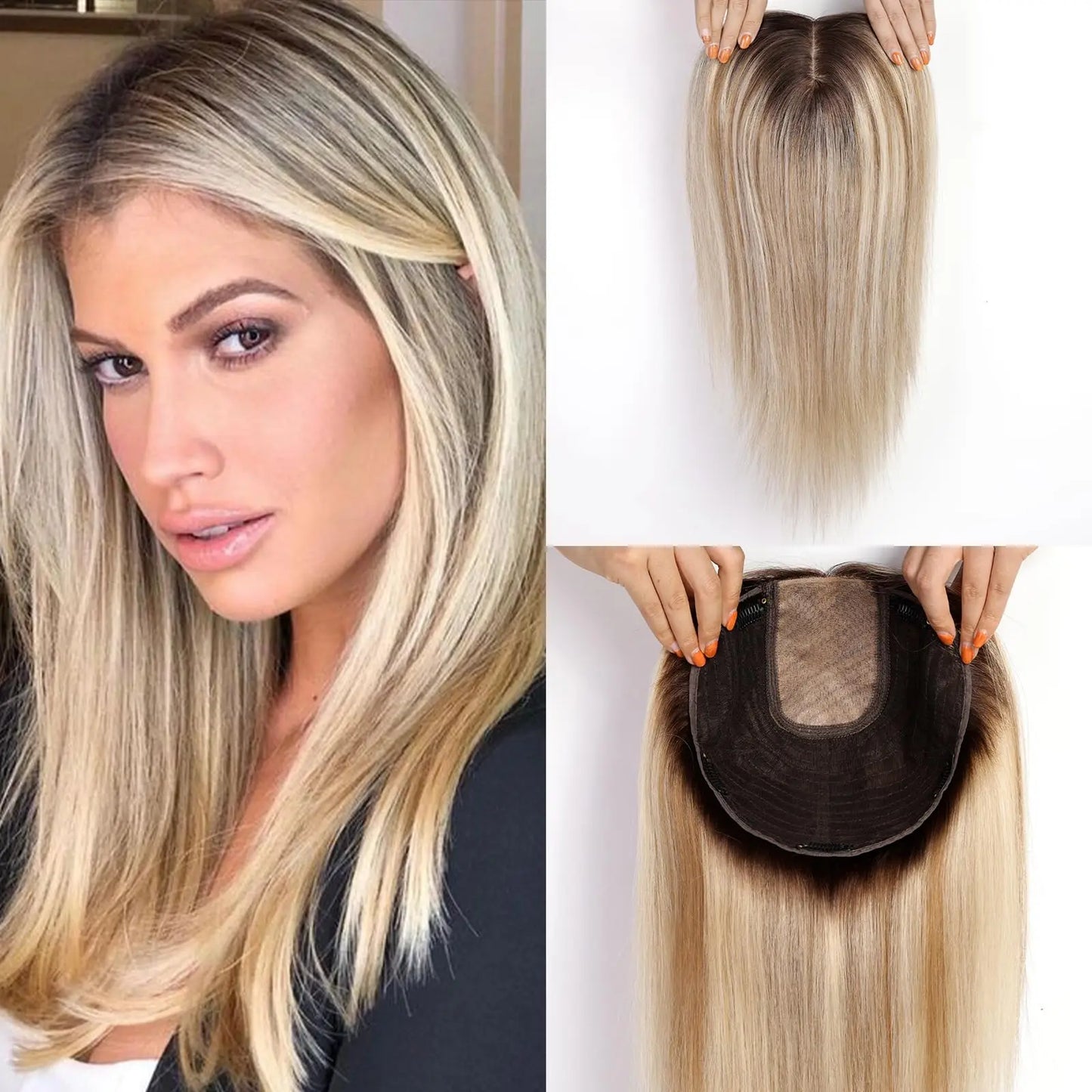 16 Inches Straight Remy Human Hair Toppers for Women Blonde Dark Root Hair Toppers Hairpieces Extensions Clips In Hair Toppers - Dragonbeast