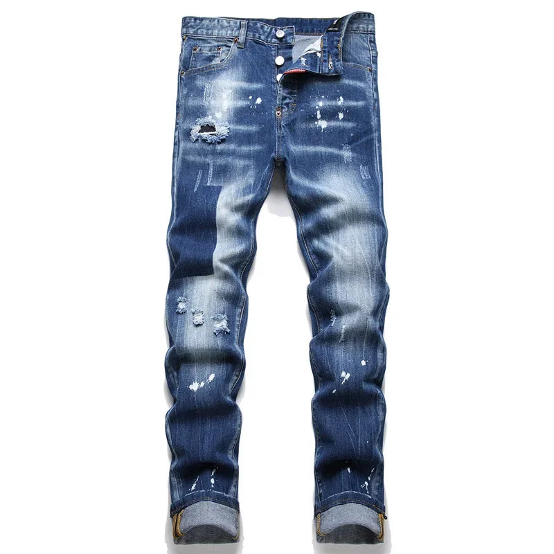 Men Blue Ripped Denim Jeans Italian High Street Style Stretch Denim Long Jeans Pants High Quality Male Slim Denim Trousers 38 - Dragonbeast