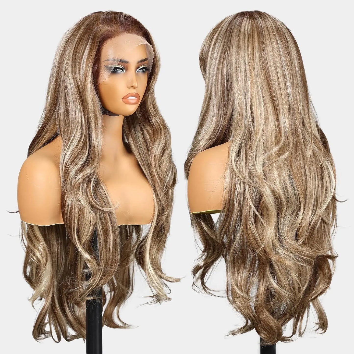 DWY Ash Brown Highlight Synthetic Lace Front Wig 13×6 Body Wave Pre Plucked Lace Wig for Women Wear and Go 28inch Wigs for Daily - Dragonbeast