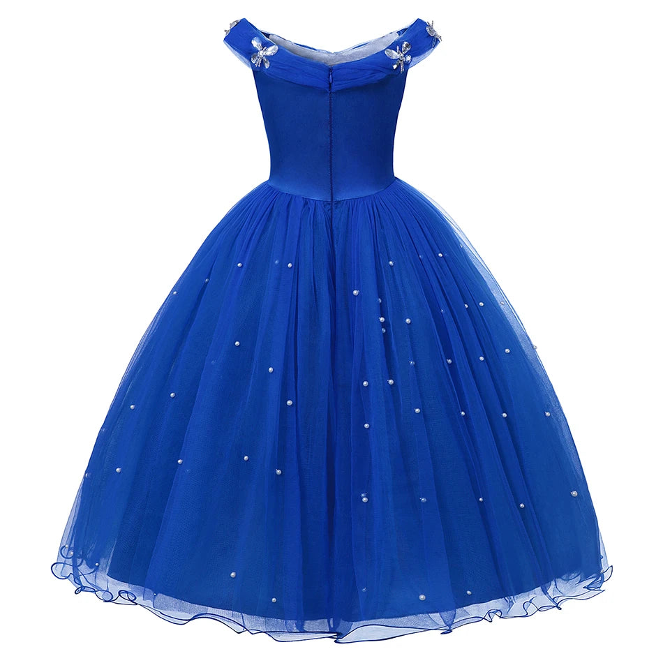 Elegant Dark Blue Party Dress Girls Fancy Sapphire Princess Cinderella Ball Gown Off Shoulder Prom Frock Kid Pearl Embellished - Dragonbeast