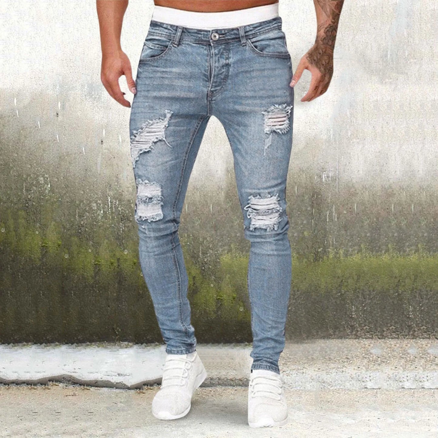 Men'S Casual Hip Hop Sports High Stretch Tight Wash Polished White Ripped Fit Zipper Jean Pants Business Stretch Men'S Jeans