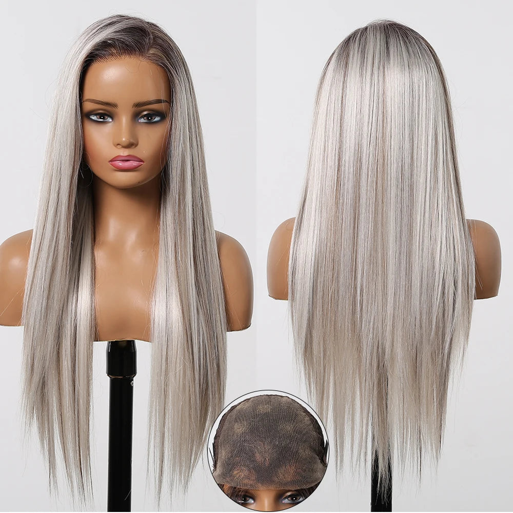 Long Straight Ash Gray Blonde Highlight Synthetic Wigs 13*6 Lace Frontal Wig Preplucked Baby Hair Wigs for Women Brazilian Daily - Dragonbeast