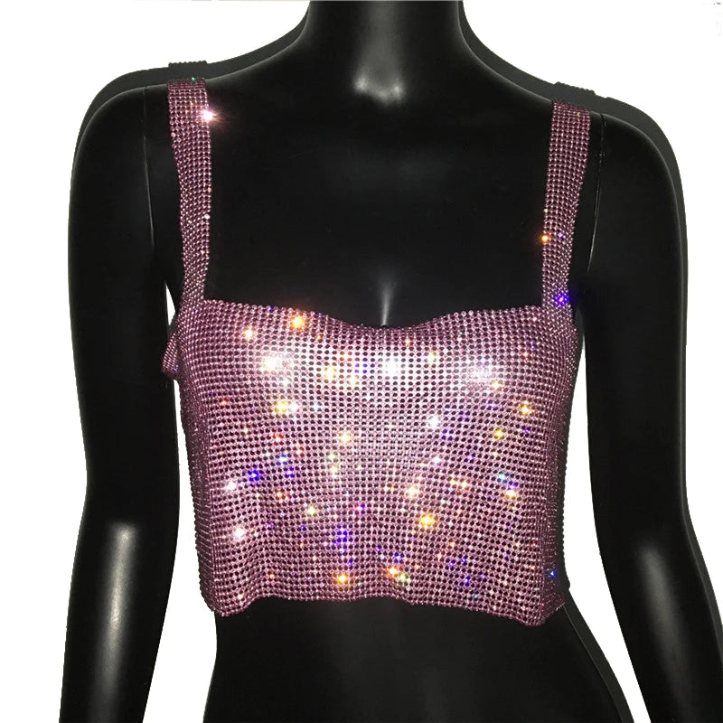 2023 Glitter Nightclub Backless Rhinestone Tank Top Women Sexy Metal Crystal Diamonds Sequined Night Club Party Wear Crop Top