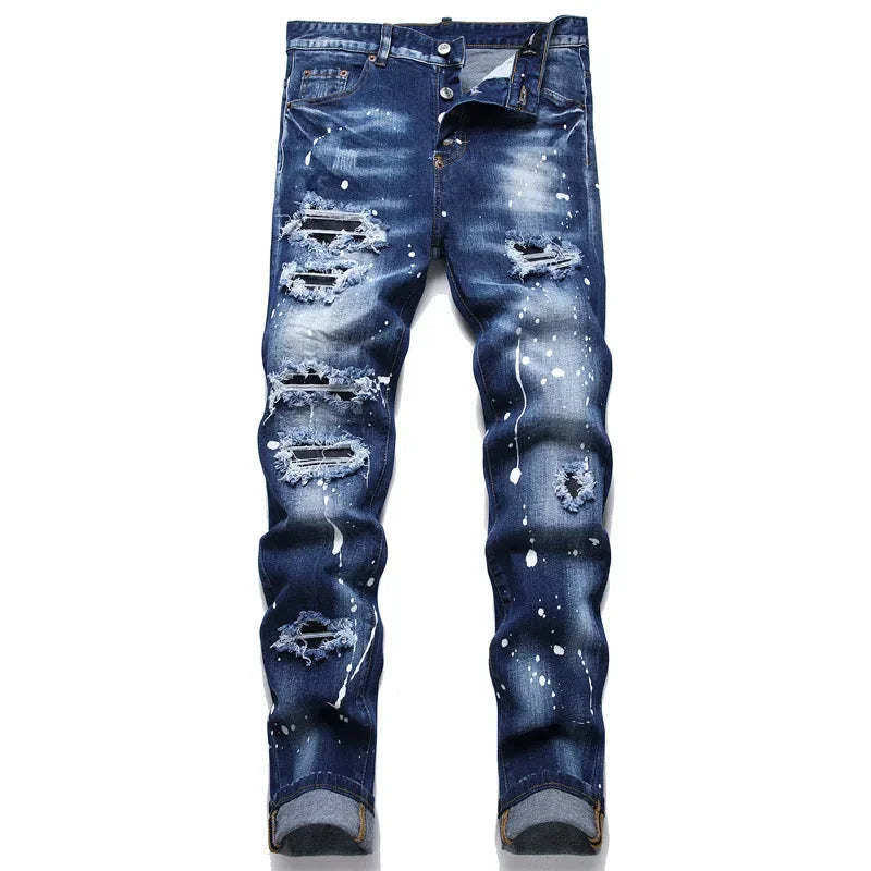 Men Blue Ripped Denim Jeans Italian High Street Style Stretch Denim Long Jeans Pants High Quality Male Slim Denim Trousers 38 - Dragonbeast